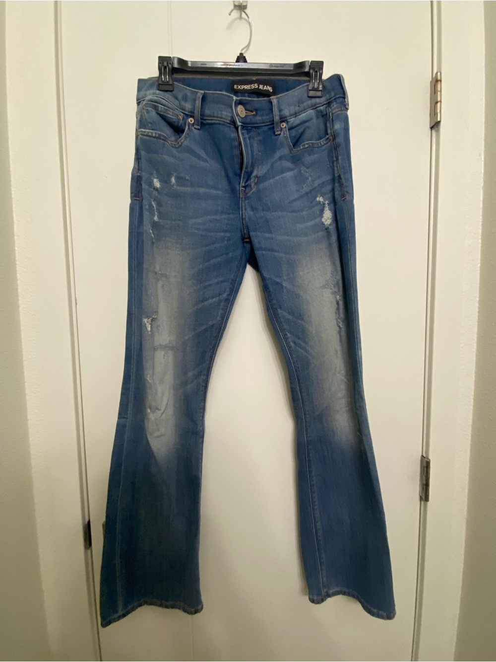Express Distressed Medium Blue Flare Jeans